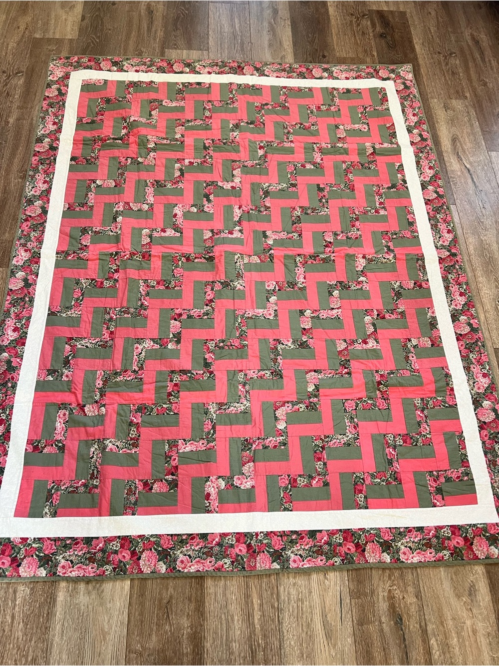 Handmade Quilt 64x82. Beautiful Rose and Sage Green flowery print.